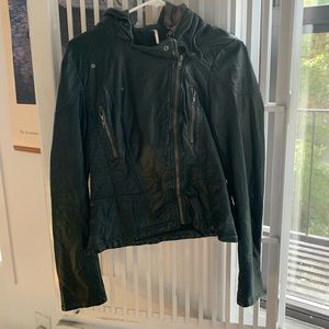 Free People Green leather jacket with detachable hood